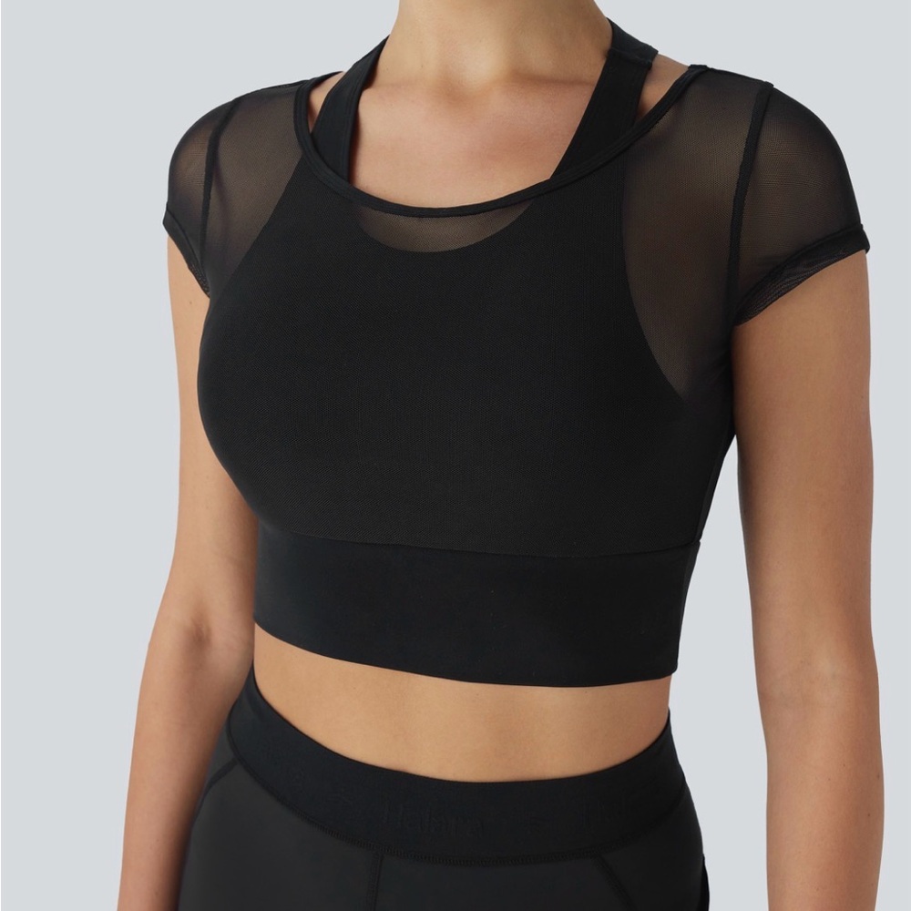 Halara Halter Short Sleeve Contrast Mesh Top